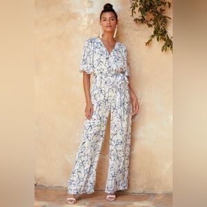 NWT‎ Lulu’s True Masterpiece White Floral Print Satin Wide-Leg Jumpsuit